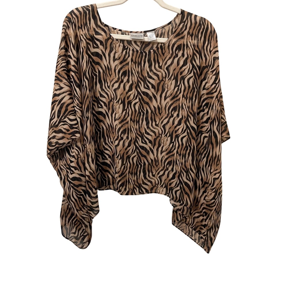 Chicos 100% Silk Tiger Stripe Animal Print Poncho Blouse Brown Size M/L